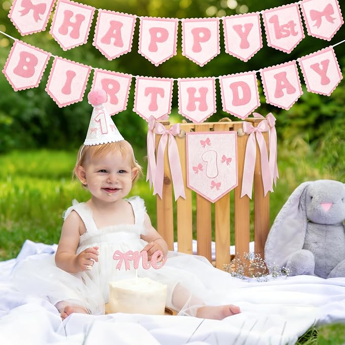 THAWAY 1st Birthday Decorations Girl - Pink First Birthday Decorations for Girl with One High chair banner, Felt Banner, Hat and Glitter Cake Topper for Baby Girl Birthday Photoshoot Props