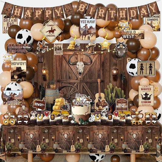 LXlucktim Western Party Decorations, 126 Pcs Wild West Cowboy Rodeo Bday Party Decor Supplies for Boys - Backdrop, Banner, Tablecloths, Centerpieces, Paper Glasses, Hat, Stickers, Wall Signs