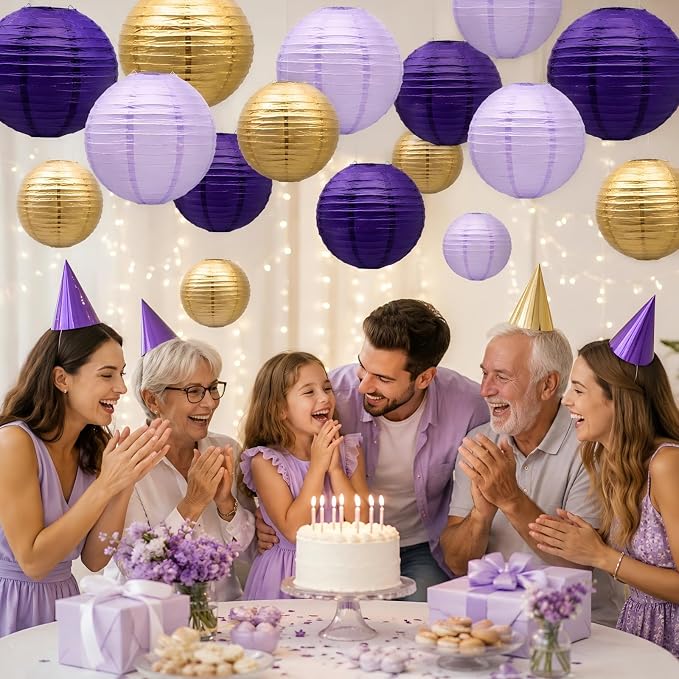 Paper Lanterns Decorative, Round Hanging Lanterns Party Supplies for Graduation Bachelorette Gender Neutral Baby Shower Birthday Party Decorations Purple/Lavender/Gold 21pcs
