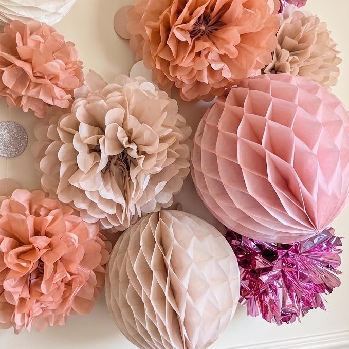 PapaKit 16pc Dusty Rose & Rose Gold Party Decorations - Premium Tissue Paper Pom Poms, Honeycomb Balls & Accordion Lanterns - Elegant Backdrop for Weddings, Bridal Showers, Baby Showers & Birthdays