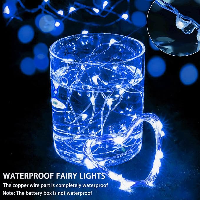 50 Pack Blue Fairy Lights 7Ft 20 LED Twinkle String Lights 3 Modes Battery Operated Waterproof Firefly Starry for Mason Jar Wedding Party 4th of July Christmas Day Table Centerpieces