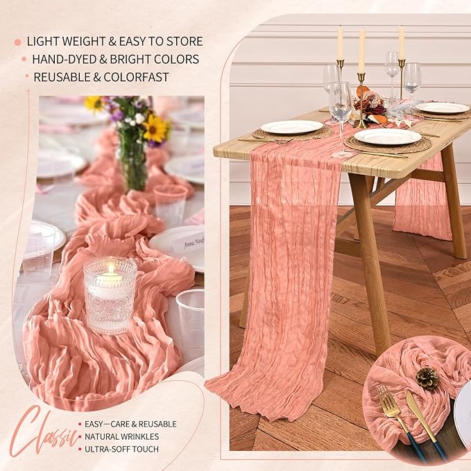 1 Pack Cheesecloth Table Runner 10FT Coral Table Runner Boho Gauze Cheese Cloth Table Runners Long Rustic Sheer Table Decorations for Wedding Party Baby Bridal Shower Birthday Holiday Home