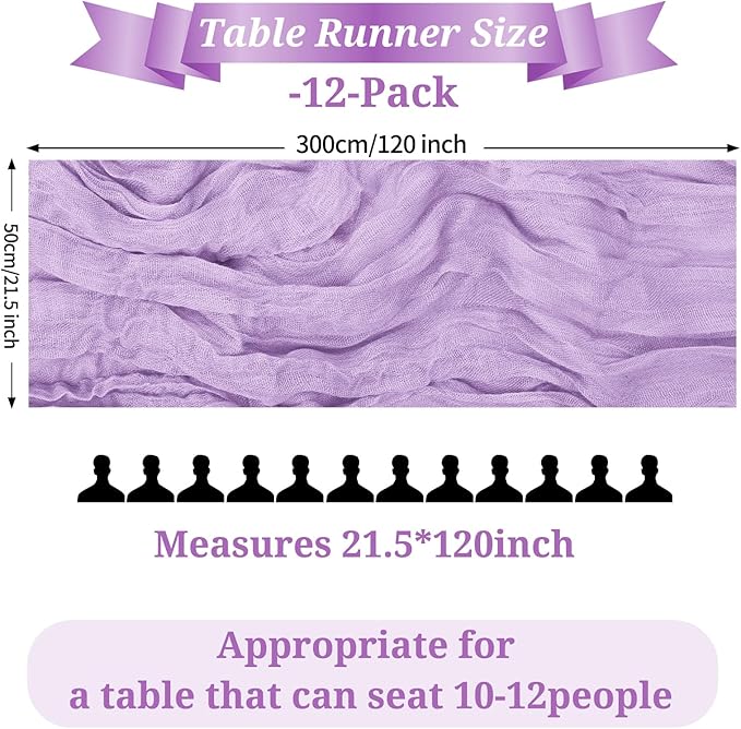 12 Pack Light Purple Table Runner, 10FT Cheesecloth Table Runner Long Romantic Semi Sheer Rustic Boho Gauze Table Runners for Wedding Bridal Shower Birthday Party Decorations(21.5×120 Inch)