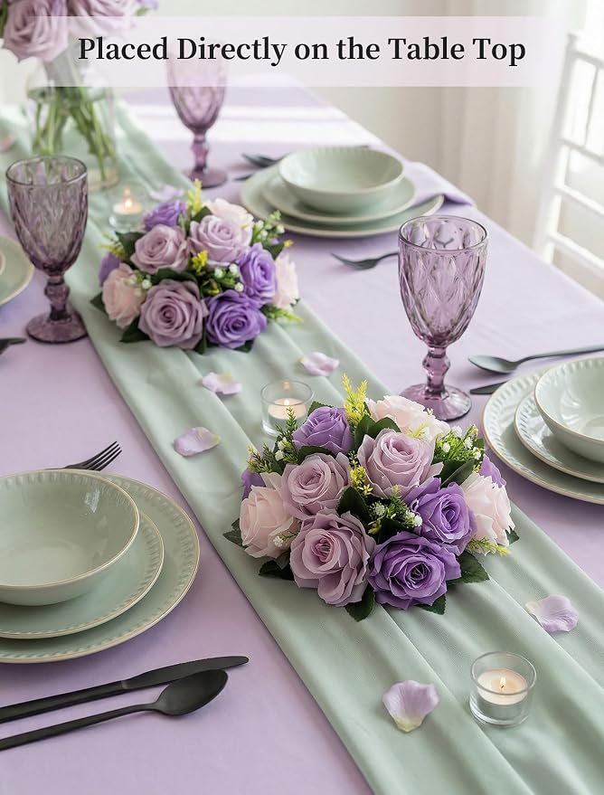 BLOSMON Purple Pink Fake Flowers: 2 Pcs Artificial Flower Balls Centerpiece | Faux Rose Floral Arrangement for Table Decorations - Faux Silk Bouquet with Base for Home Party Reception Decor