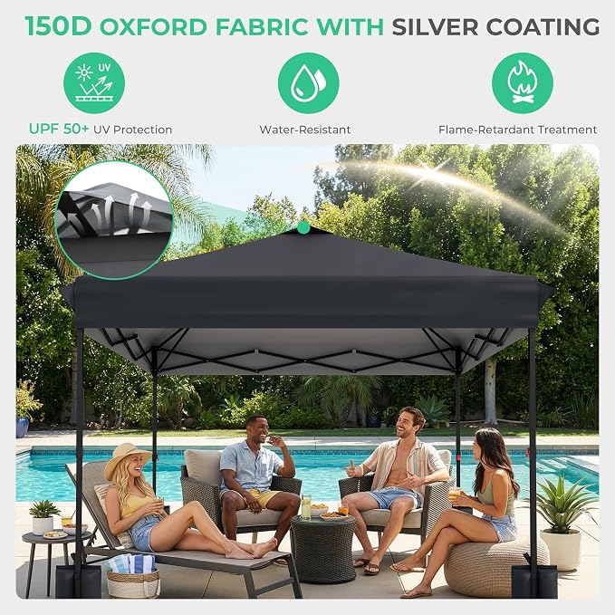 JEAREY 10x10 ft Pop Up Canopy Tent, Heavy Duty Outdoor Canopy with 1-Push Instant Setup, Commercial Tent with Roller Bag, 4 Sandbags and 8 Stakes, Water-Resistant, Gray