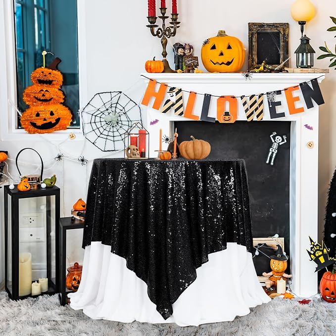 Poise3EHome Black Sequin Tablecloth 90×90 Inch Square Sequin Fabric Table Cover Overlay for Halloween Baby Shower Birthday Party Wedding Holiday Cake Table Decoration