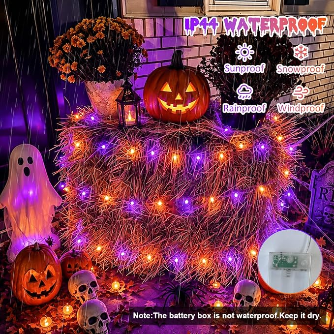 QITONG Orange and Purple Fairy Lights Battery Operated, 4 Pack Each 16ft 50 LED Halloween Lights Outdoor Waterproof, Silver Wire Christmas Twinkle Mini String Lights Indoor