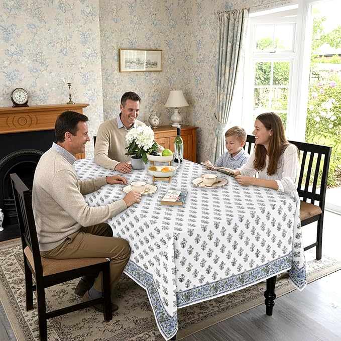 Ridhi Baby Blue Hand Block Print Cotton Rectangle Tablecloth 90" x 60" inches Reusable Table Cover Decorative Everyday Use for Dining Room, Farmhouse, Home Gift for Spring, Mother's Day