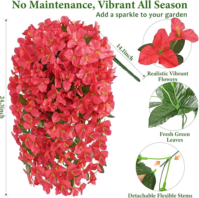 Livole 4Pcs Bougainvillea Artificial Flowers for Outdoors, Realistic UV Resistant Red Faux Outdoor Plants Flowers, Silk Hanging Fake Flowers for Outside Home Porch Patio Balcony Garden Decor