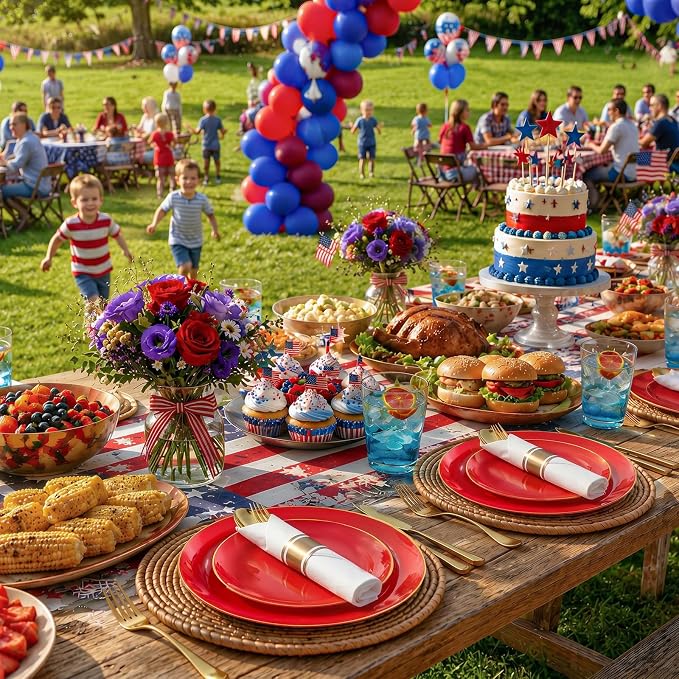 KIRE 350PCS Red Plastic Plates - Heavy Duty Red Plates Disposable - 50Guest Plastic Dinnerware Include 50Dinner Plate,50Dessert Plate,50Pre Rolled Napkins with Silverware for Wedding/Party
