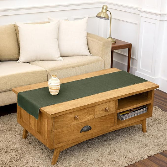Solino Home Fringe Linen Table Runner 60 Inches - 100% Pure Linen Desert Green Table Runner 14 x 60 Inch Ideal for Dresser and Coffee Tables