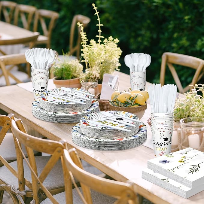 Yungyan 252 Pcs Wildflower Graduation Party Decorations Class of 2026 Congrats Grad Floral Graduation Plates Napkins Cups Forks Knives Disposable Tableware Set for College High School Party Supplies