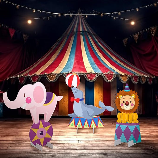 Leinuosen 3 Pcs Large Carnival Party Stand Decorations Set Circus Animal Baby Shower Cardboard Cutouts Decorations Carnival Theme Birthday Camping Party Supplies Circus Decor for Girls Boys