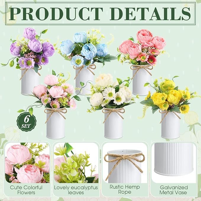 Wavwavw 6 Pcs Floral Table Centerpieces Artificial Peonies Flower with Vase Purple Pink Blue Yellow Fake Flower Bouquet Pastel Floral Arrangement Spring Summer Decorations for Wedding Home Table Party