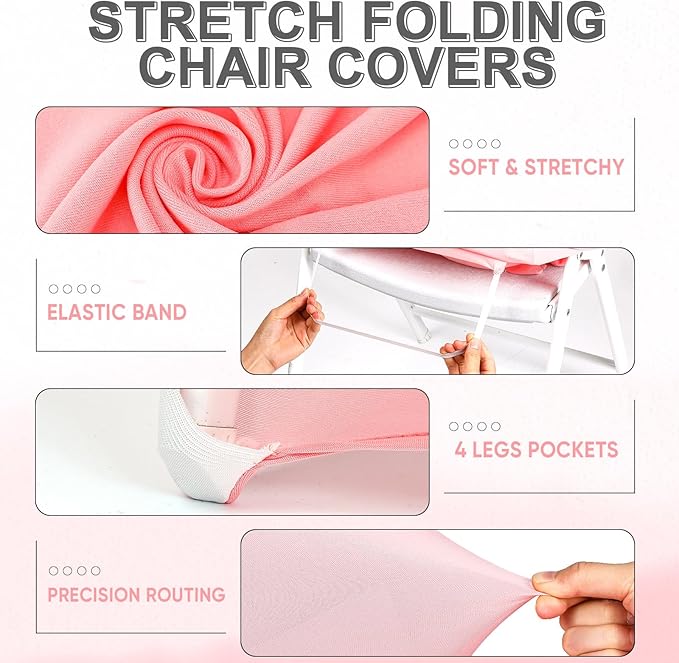 Lounsweer 50 Pcs Folding Chair Cover Set with 25 Stretch Spandex Slipcovers 25 Satin Chair Sashes Bows Ribbon Washable Banquet Protector for Wedding Event Party(Pink, Light Gold)