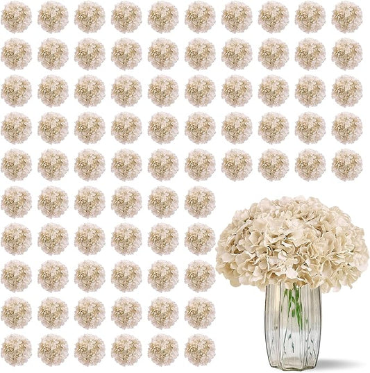 100 PCS Beige Hydrangea Artificial Flowers, Silk Full Flowers Heads with Stems for Wedding Centerpieces, Home, Garden, Baby Shower, Party Decoration