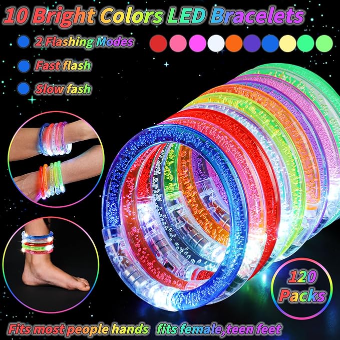 120 Pack Glow Bracelets Bulk, Glow in the Dark Party Supplies 10 Color LED Light Up Bracelets for Adults & Kids Birthday Wedding Party Favors Concert New Year Carnival Raves