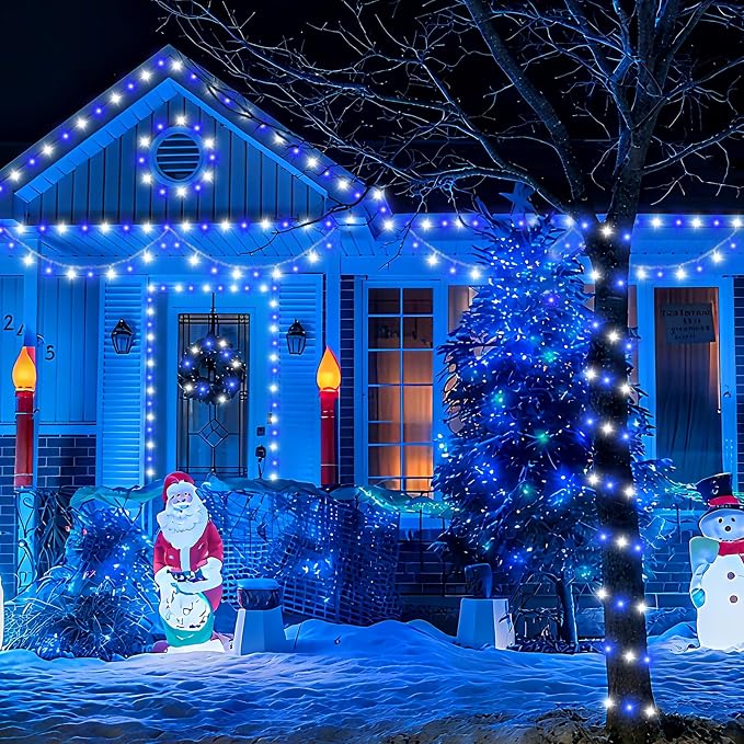 QITONG 2 Pack Battery Operated String Lights, Each 33ft 100 LED Blue and White Christmas Lights Outdoor Waterproof, 8 Modes Clear Wire Twinkle Fairy Lights Indoor with Remote
