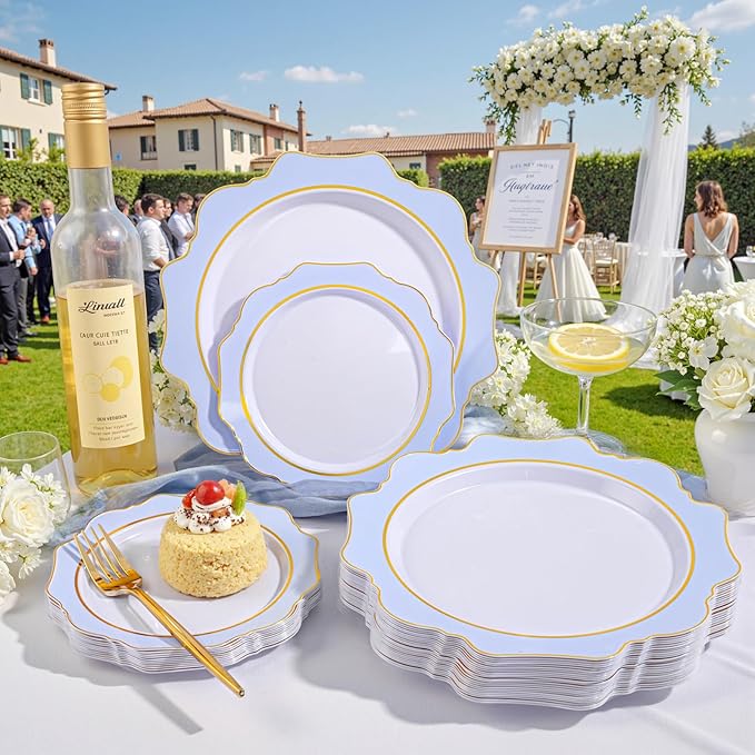 WDF 100PCS Blue Plastic Plates - Light Blue Plates Disposable - Heavy Duty Scalloped Plastic Plate for Parties/Wedding/Baby Shower
