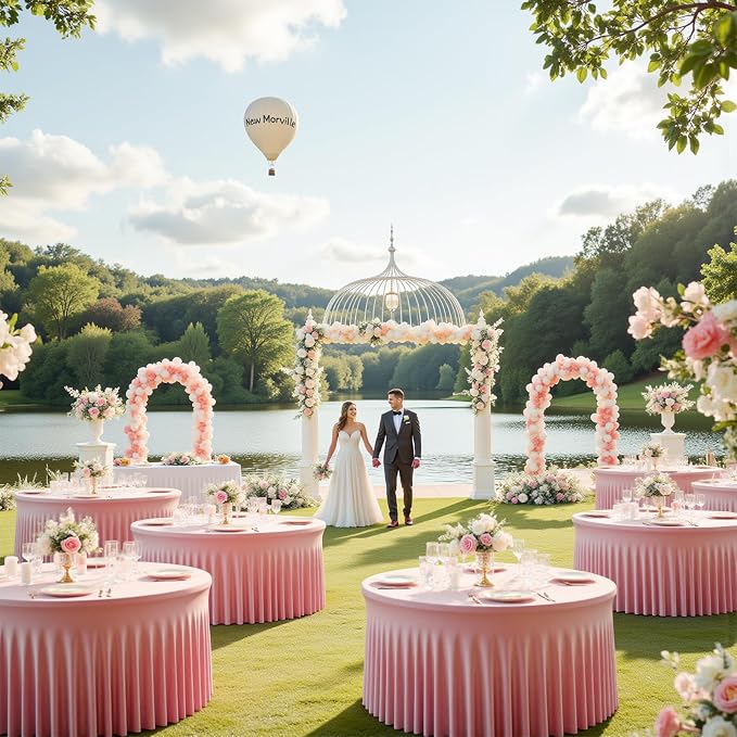 60 Inch Pink Round Tablecloth - Stretch Spandex Fitted Table Cover with Elastic Skirt Edge, Wrinkle-Free & Reusable for 5FT Tables Wedding Banquet Party Birthday Buffet
