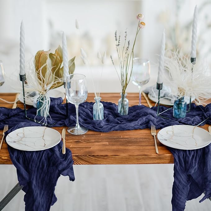 Cheesecloth Table Runner 8 Pack – 35x120 Inch (10ft) Boho Rustic Gauze Cloth Runners – Crinkle Polyester Table Decor for Wedding, Baby Shower, Bridal Shower, Birthday Party and More (Navy Blue)