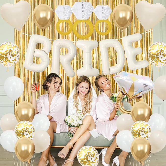 Vlipoeasn 39PCS Bachelorette Party Decorations Kit, Sand White Bride to Be Party Decorations, Bride to Be Sash & Veil, Tattoo Sticker, Foil Curtains, Balloons, Bridal Shower Party Supplies