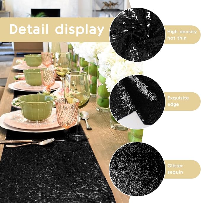10 Packs 12 x 72 inches Sequin Table Runner, Black Glitter Table Runner for Birthday Party Supplies Wedding Engagement Baby Shower Holiday Celebration Event Decorations
