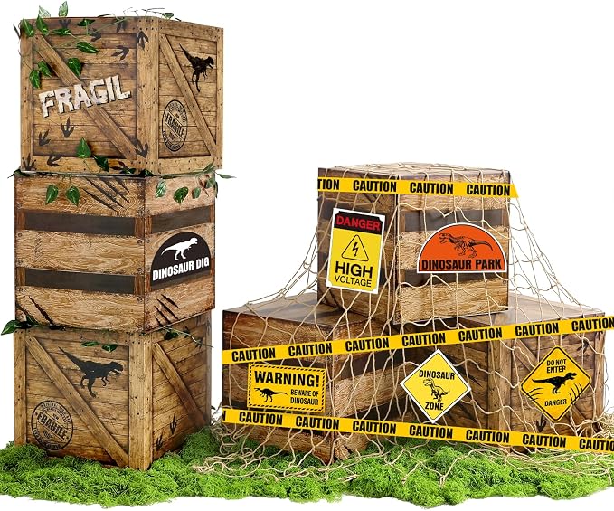 Fuutreo 16pcs Dinosaur Birthday Decorations 12 x 12 x 12 Inch Dino Theme Boxes Supplies, 79 x 40 Inch Natural Fishing Net Decor, Backdrop Photo Props for Birthday Halloween Christmas