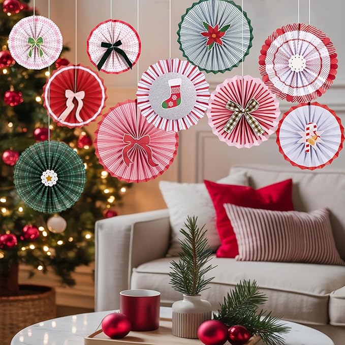 SUNBEAUTY Christmas Party Decorations Hanging Paper Fans Christmas Classroom Decorations Red Green White Paper Fans with Candy Bow for Xmas Holiday Ceilings Wall Decor Winter New Year Party Supplies