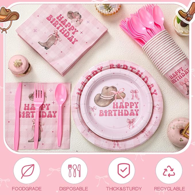Yungyan 252 Pcs Pink Bow Cowgirl Birthday Party Tableware Set Included Plates Napkins Cups Forks Knives Cutlery for Party Decorations Supplies 36 Guests