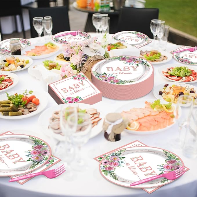 gisgfim 50 Guests Baby in Bloom Party Supplies Baby In Bloom Floral Plates and Napkins Plastic Forks Girl Floral Tableware Pink Flower Paper Plates for Birthday Party 200PCS