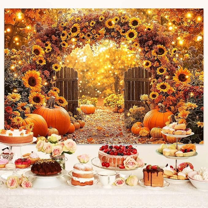 7 x 5 ft Fall Backdrop Autumn Sunflower Arch Forest Leaves Pumpkins Scenery Rustic Trail Harvest Photography Background Fall Farm Thanksgiving Party Supplies Banner Picture Photo Booth