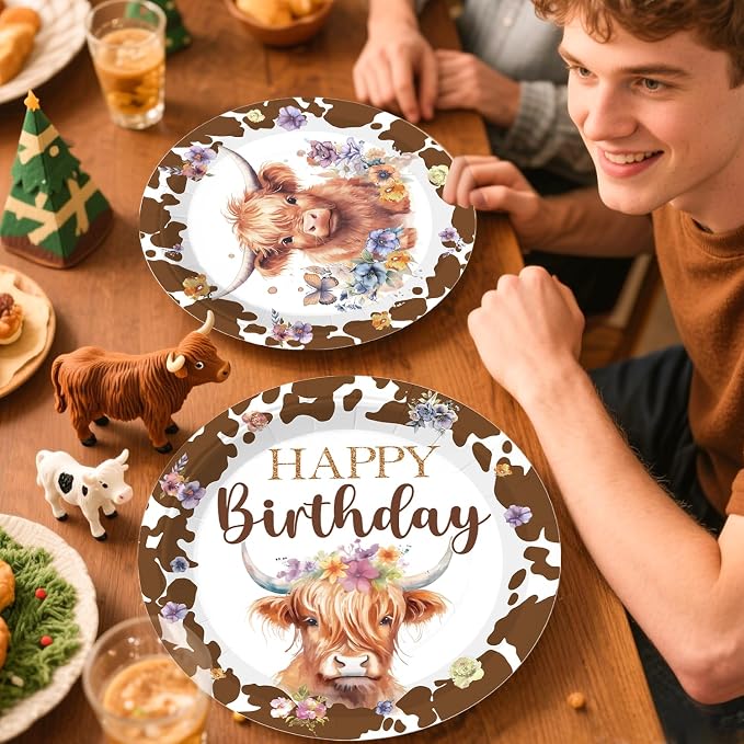 197pcs Brown Cow Birthday Decorations Include Tableware Set, Banner, Hanging, Tablecloth, Balloon, Cupcake Topper, Centerpiece, for Western Farm Animals Kids Birthday Baby Shower, Serves 25