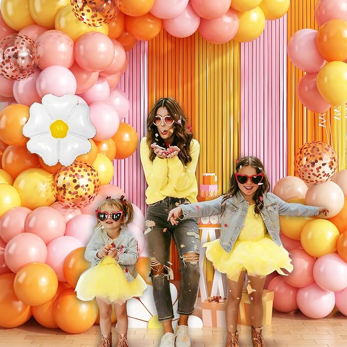 Groovy Daisy Balloon Arch Garland Kit Birthday Party Decorations, Pink Orange Yellow Foil Fringe Backdrop Tinsel Streamer for Hippie Boho Groovy One Two Flower Party Decor Supplies