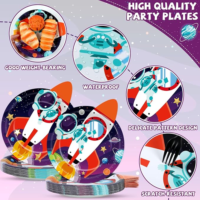 OBUSATT 60 PCS Rocket Ship Paper Plates 9In Outer Space Birthday Party Supplies Astronaut Galaxy Planet Tableware Decoration Space Theme Disposable Dinnerware for Kids Baby Shower Birthday Party Favor
