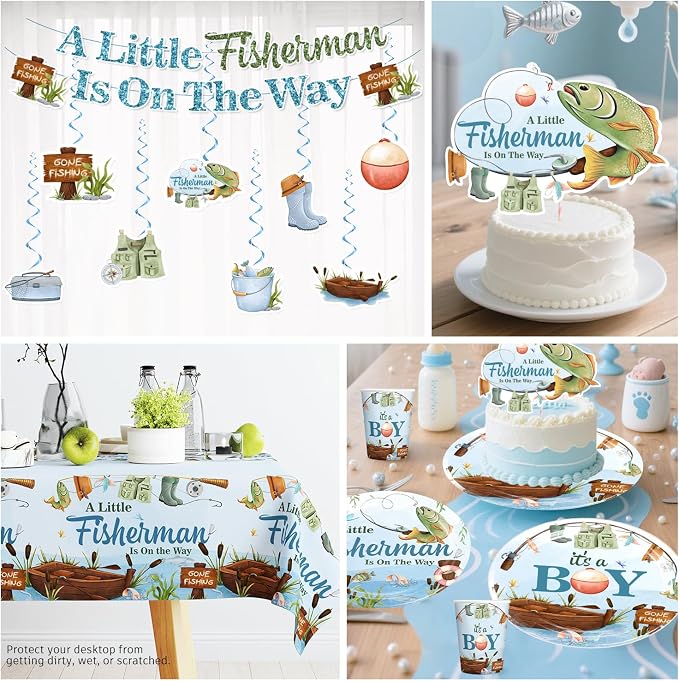 171 PCS Fishing Baby Shower Decorations for 20 Guests, Disposable Tableware Set with Banner, Cake Topper, Balloons, Plates and Napkins-Easy Assembly Fishing Theme Baby Shower