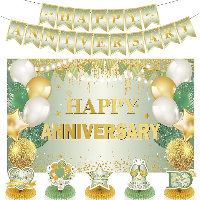 First Wedding Anniversary Decorations, Sage Green Happy Anniversary Banner Anniversary Honeycomb Centerpieces Wedding Party Backdrop for Marriage Celebrations Surprise Events Party Supplies