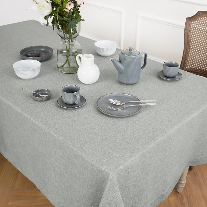 Solino Home Linen Tablecloth 60 x 144 Inch - 100% Pure Linen Chambray Grey Table Cloth for Rectangle Tables - Athena, Machine Washable Fabric Tablecloth