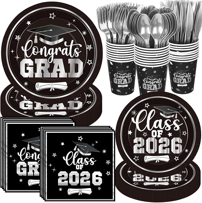 Funnymoom 400 Pcs Graduation Party Supplies Class of 2026 Graduation Paper Plate Napkin Cup Cutlery Congrats Grad Disposable Tableware Set for Grad Party Decorations, Serve 50(Black)