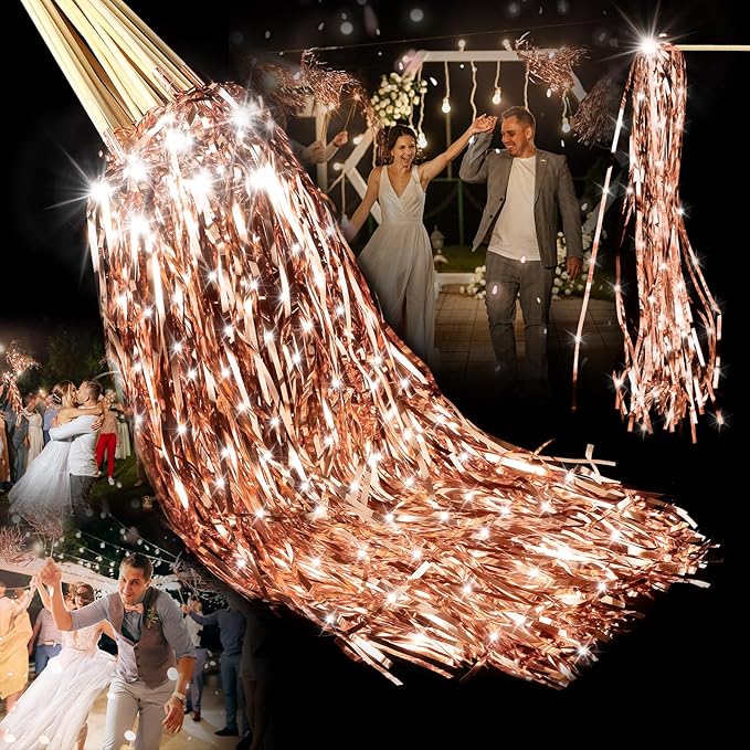 Simgoing 100 Pcs Lighted Wedding Wands LED Tinsel Wands Light up Streamers Sparklers for Wedding Send Off and Exits Birthday Party Props Favors(Rose Gold)