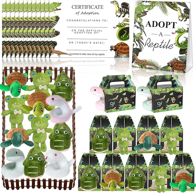 38 Pcs Adopt a Pet Reptile Party Favors Include 12 Safari Reptile Plush 12 Foldable Boxes 12 Cards 1 Sign 1 Fence for Adopt an Animal Party Favors Amphibian Supplies Kit