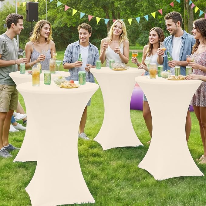 Moosfor Spandex Cocktail Table Covers 4 Pack, Elastic Fitted Stretch Table Cloth, Round High Top Tablecloths for Bar, Party, Pub, Wedding & Banquet (Beige, 32x43 Inch)