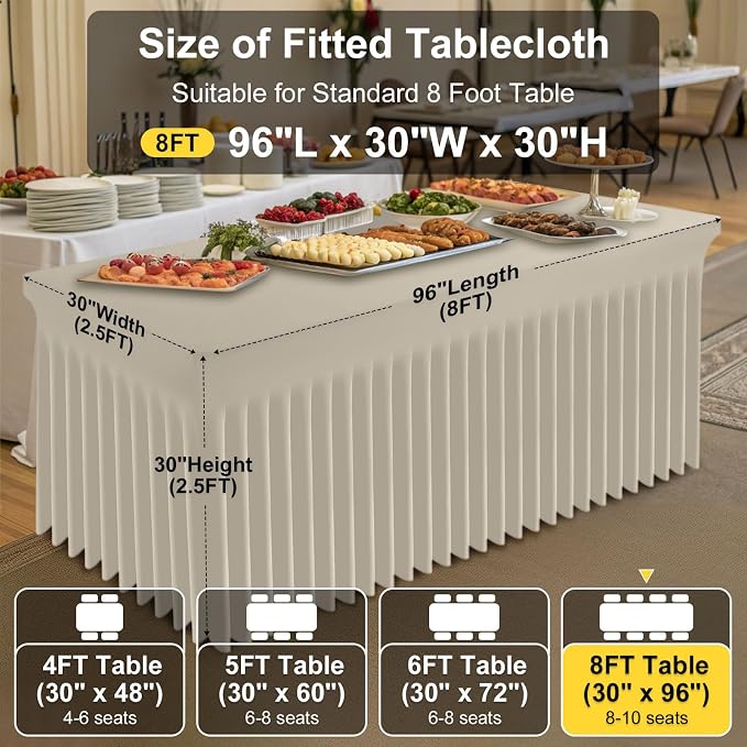 Smiry Spandex Tablecloth, Elastic Fitted Stretch Tablecloth for 8FT Rectangle Tables, Waterproof Washable Table Cover Skirt for Outdoor, Wedding, Banquet & Parties (Taupe, 96Lx30Wx30H Inch)