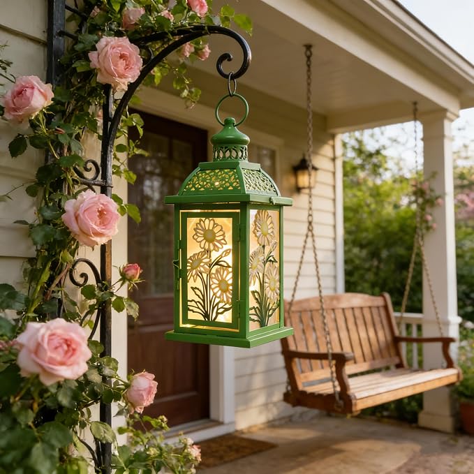 Spring Decorations for Home, 14.4" Decorative Daisy Green Lantern with 61" LED Lights(No Battery) for Home Indoor Outdoor Decor, Hanging Metal Candle Holders for Spring St.Patrick’s Day Gift