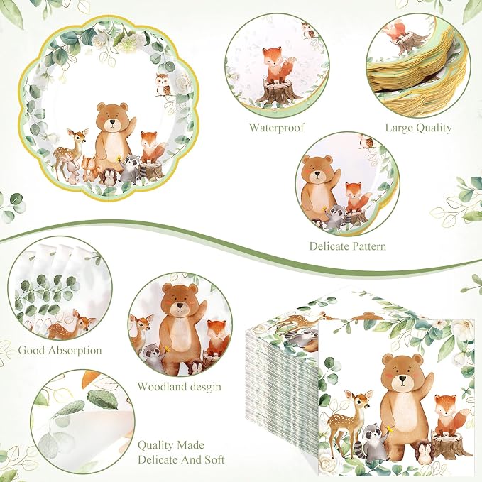Funnymoom 250 Pcs Woodland Baby Shower Party Decorations Safari Animals Paper Plates Napkins and Cups Disposable Tableware Set for Birthday Baby Bridal Shower Wedding Party Supplies, Serves 50