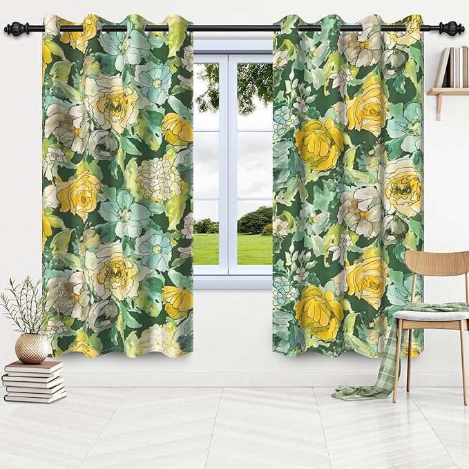 Spring Floral Blackout Window Curtains Vintage Oil Painting Yellow Flowers Room Darkening Light Blocking Window Drapes for Bedroom Living Room Kitchen Decor Grommets Top,26x63 inch,2 Panels