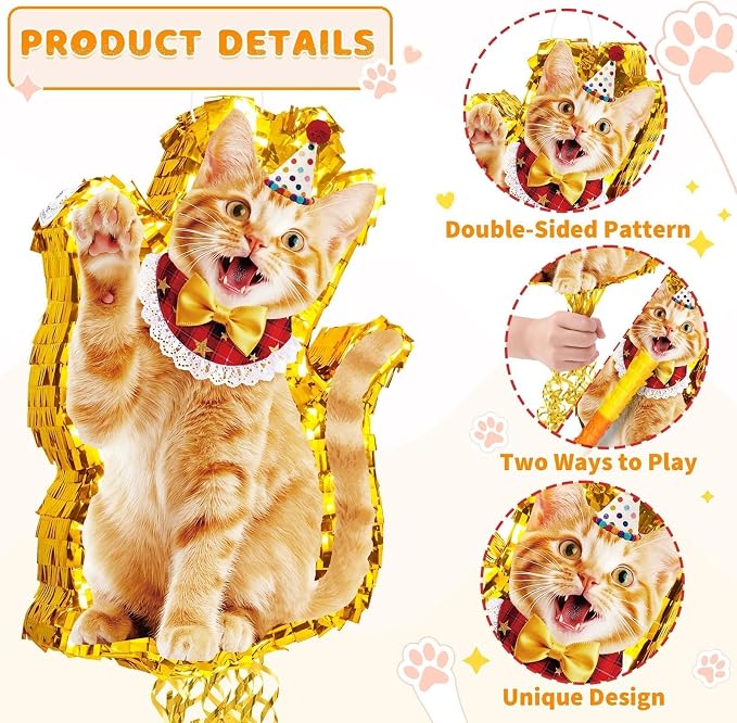 WERNNSAI Cat Piñata - Orange Cat Birthday Decorations Pull String Piñata Bundle with Blindfold and Bat Cute Animal Party Game for Kitten Party Supplies