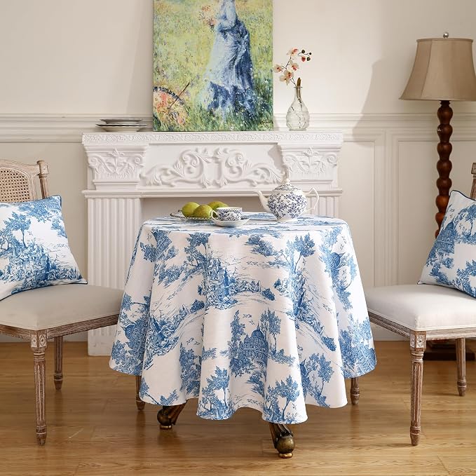 patdrea Elegant French Linen Tablecloth,Round,Diameter 55"-Lucerne A | Vintage Elegant Table Cloth for Round Table,Blue and White Chinoiserie Print,for Dining Room Tea Party Thanksgiving
