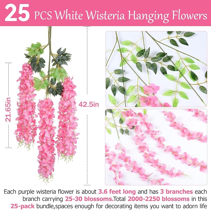 25 Pack Pink Artificial Wisteria Hanging Flowers,Fake Hanging Wisteria Garland for Decoration (3.6 Ft/Pcs)