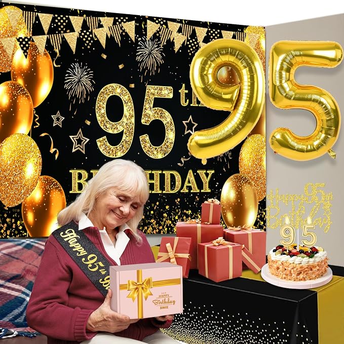 95th Birthday Party Decorations with 95th Birthday Banner, Black and Gold Table Cloth, Number Balloons, Large Sash, Cake Topper and Candles